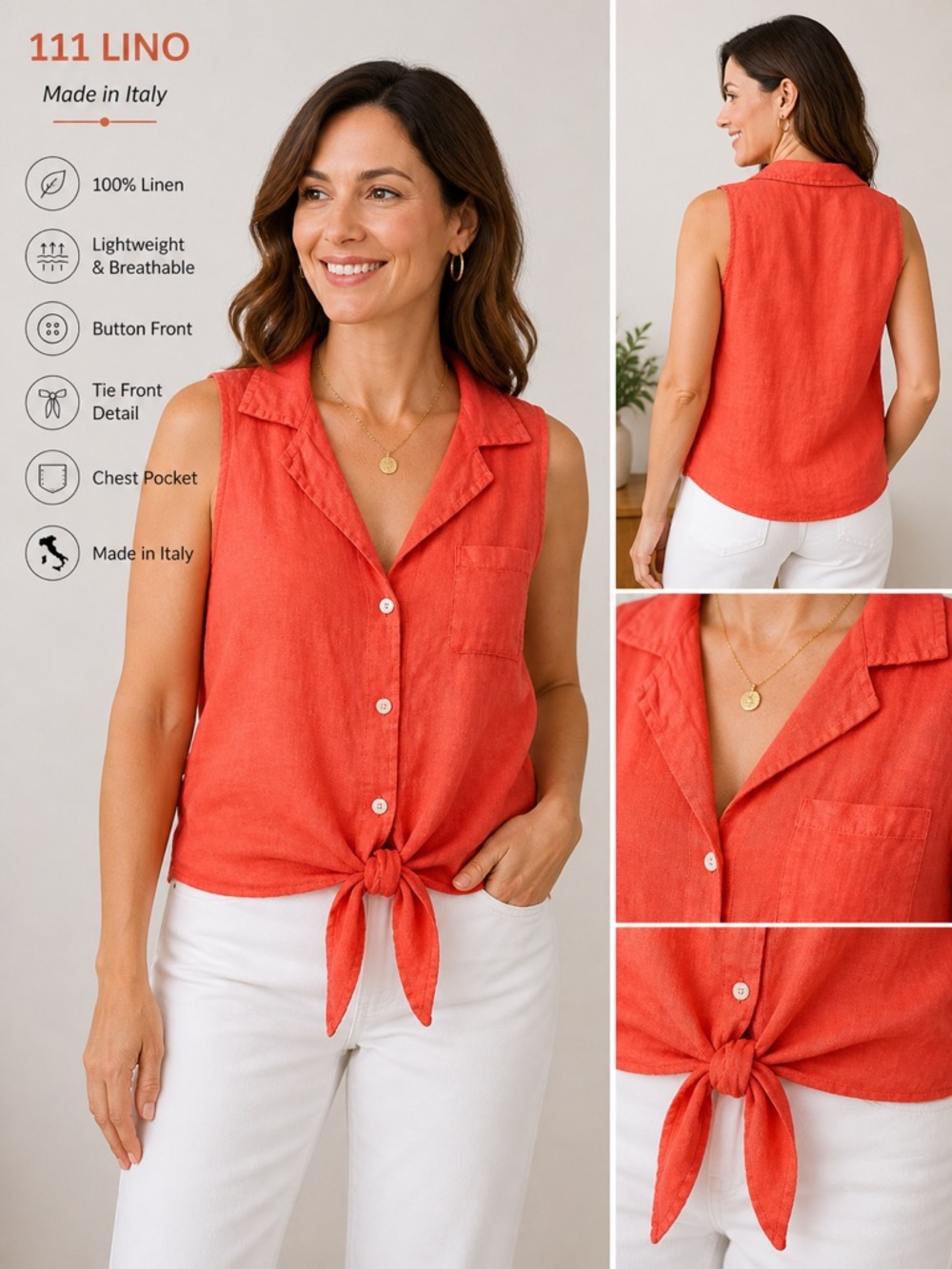 100 % Linen Tie-Front Sleeveless Shirt - Coral